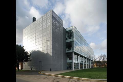 The front block of laboratories comes with its own see-through services tower at one side